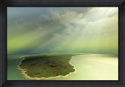 Framed Beautiful rays of sun stream down on an island in the ocean Print