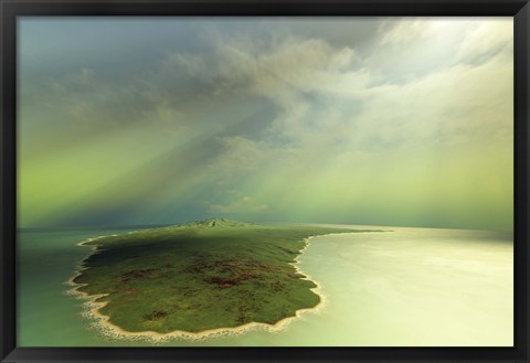 Framed Beautiful rays of sun stream down on an island in the ocean Print