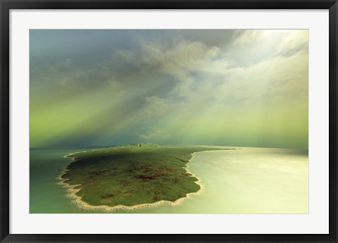 Framed Beautiful rays of sun stream down on an island in the ocean Print