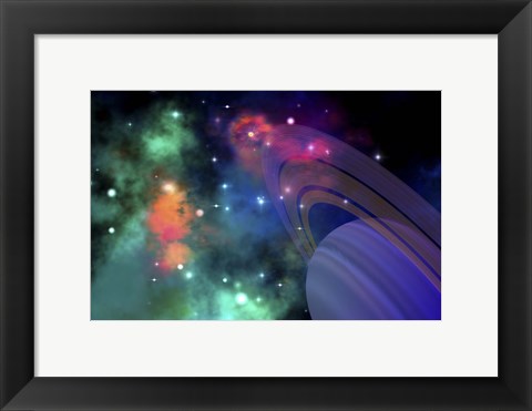 Framed Colorful nebula near a ringed planet Print