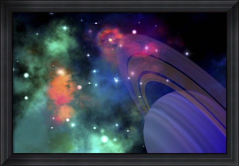 Framed Colorful nebula near a ringed planet Print