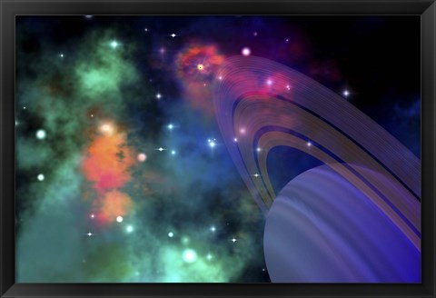 Framed Colorful nebula near a ringed planet Print