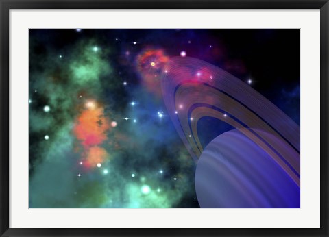 Framed Colorful nebula near a ringed planet Print