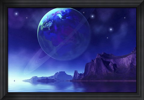 Framed Cosmic seascape on another world with a ringed planet in the night sky Print