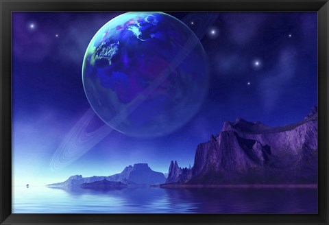 Framed Cosmic seascape on another world with a ringed planet in the night sky Print