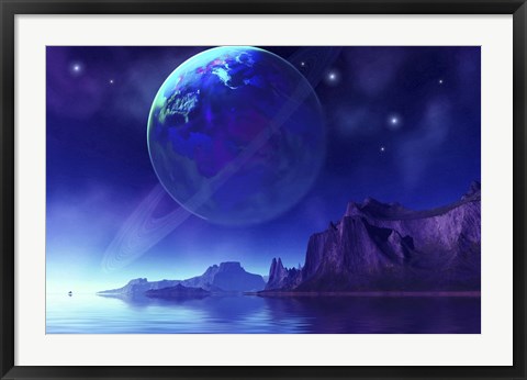 Framed Cosmic seascape on another world with a ringed planet in the night sky Print