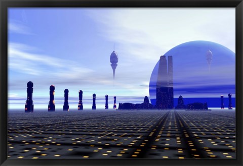 Framed Futuristic City in the Milky Way Print