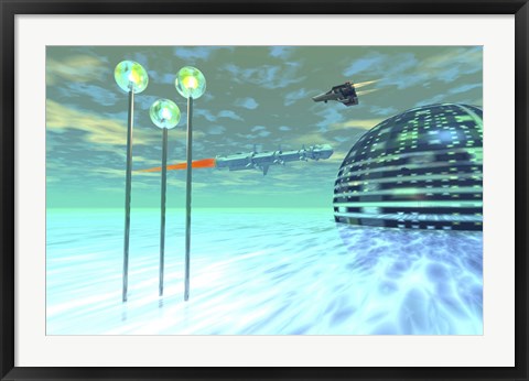 Framed Life under domes on an alien waterworld Print