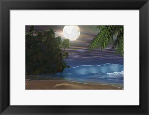 Framed Moonlight shines down on the beach during the night of a full moon Print