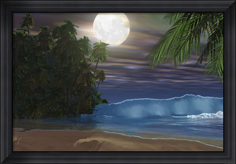Framed Moonlight shines down on the beach during the night of a full moon Print