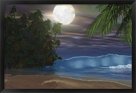 Framed Moonlight shines down on the beach during the night of a full moon Print