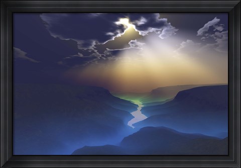 Framed Morning mist surrounds the mountains of this beautiful valley Print
