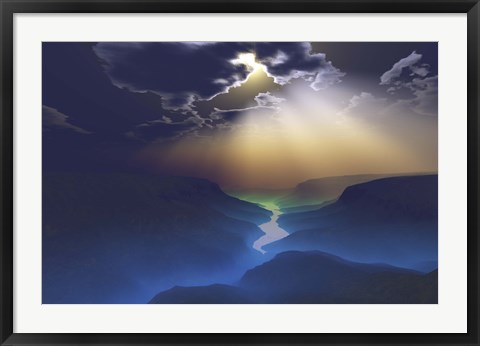 Framed Morning mist surrounds the mountains of this beautiful valley Print