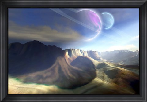 Framed Mountainous landscape on a futuristic world with two beautiful moons Print