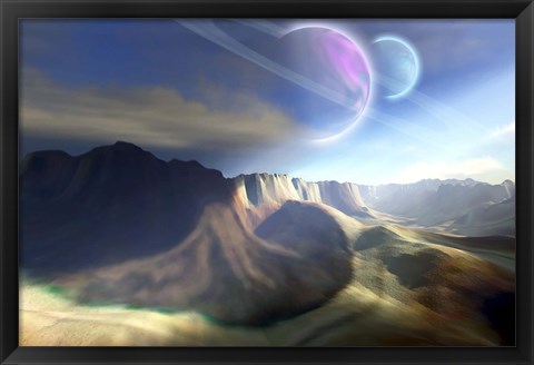 Framed Mountainous landscape on a futuristic world with two beautiful moons Print