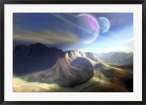 Framed Mountainous landscape on a futuristic world with two beautiful moons Print