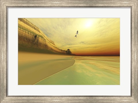 Framed Seagulls fly near the mountains of this seascape Print