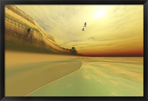 Framed Seagulls fly near the mountains of this seascape Print