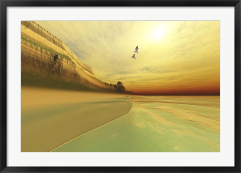 Framed Seagulls fly near the mountains of this seascape Print