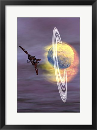 Framed Solar winds hit a ringed planet with charged particles and gases Print