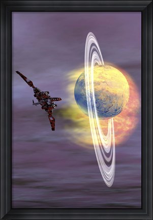 Framed Solar winds hit a ringed planet with charged particles and gases Print