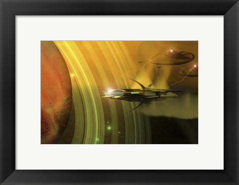 Framed Space battle with two rival factions near a planetary body Print