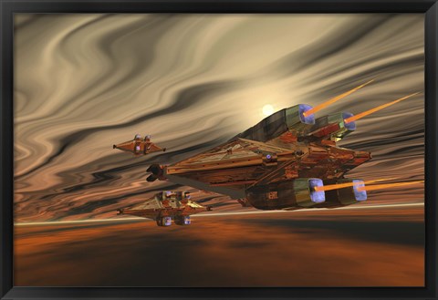 Framed Spacecraft fly among spacial eddies in deep space Print