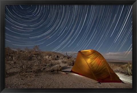 Framed Star trails above a campsite in Anza Borrego Desert State Park, California Print