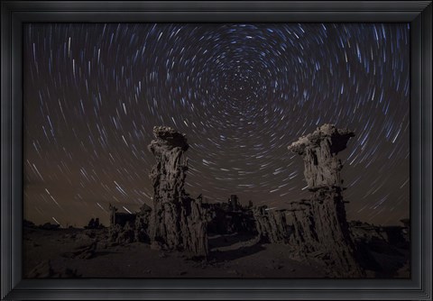 Framed Star trails above sand tufa formations at Mono Lake, California Print