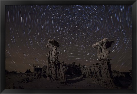 Framed Star trails above sand tufa formations at Mono Lake, California Print