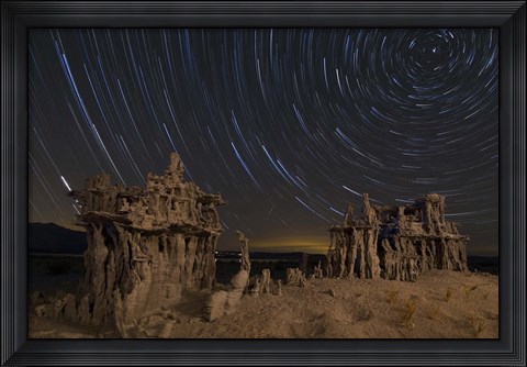 Framed Star trails and intricate sand tufa formations at Mono Lake, California Print