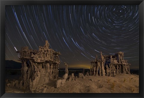 Framed Star trails and intricate sand tufa formations at Mono Lake, California Print