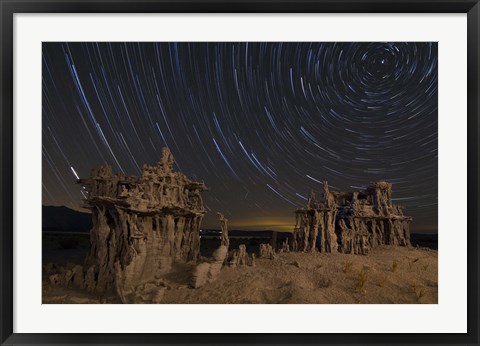 Framed Star trails and intricate sand tufa formations at Mono Lake, California Print