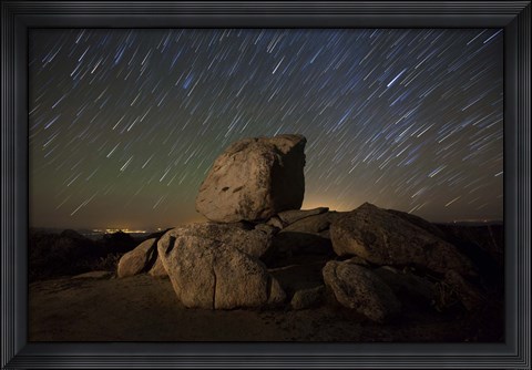 Framed Star trails and large boulders Anza Borrego Desert State Park, California Print