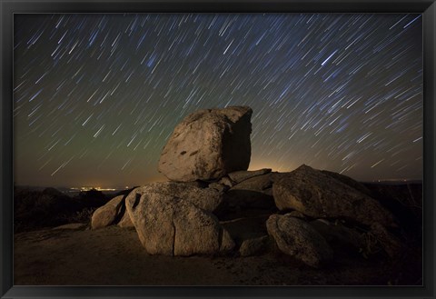 Framed Star trails and large boulders Anza Borrego Desert State Park, California Print