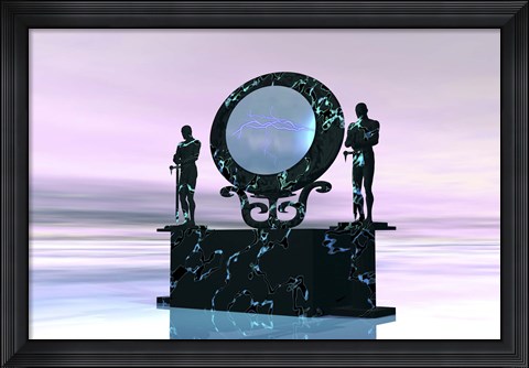 Framed Statues stand near a dimensional portal to another universe Print