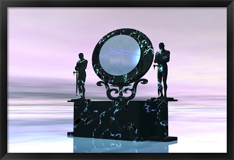 Framed Statues stand near a dimensional portal to another universe Print