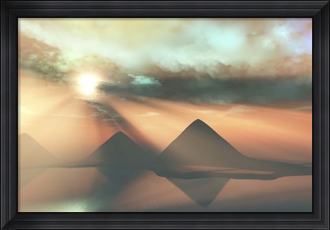 Framed Sunrays shine down on three pyramids along the Nile River on the Giza Plateau Print