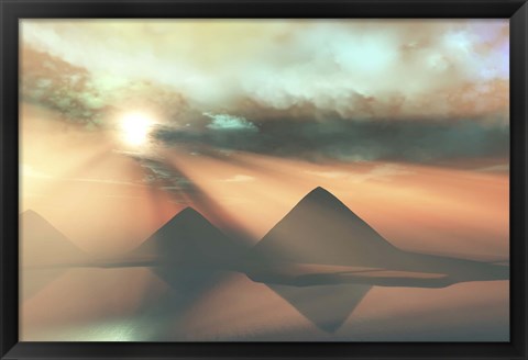 Framed Sunrays shine down on three pyramids along the Nile River on the Giza Plateau Print