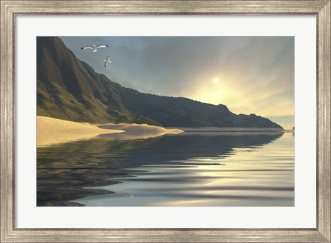 Framed sun sets on a beautiful mountainside and shoreline Print