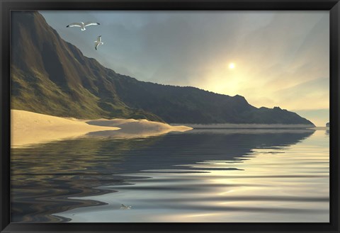 Framed sun sets on a beautiful mountainside and shoreline Print