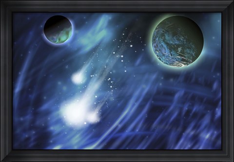 Framed Three comets blaze a trail near a planet and its moon Print