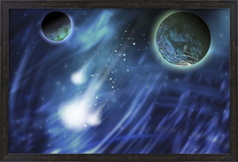 Framed Three comets blaze a trail near a planet and its moon Print