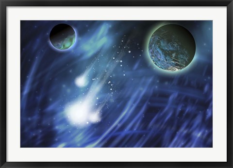 Framed Three comets blaze a trail near a planet and its moon Print