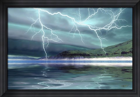 Framed Thunderclouds and lightning move over the mountains and a nearby lake Print