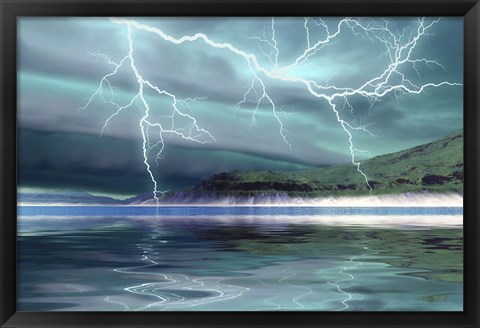 Framed Thunderclouds and lightning move over the mountains and a nearby lake Print