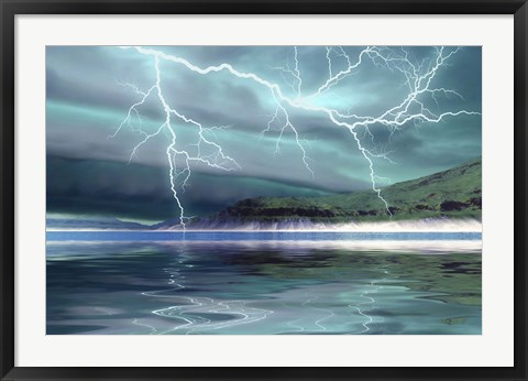 Framed Thunderclouds and lightning move over the mountains and a nearby lake Print