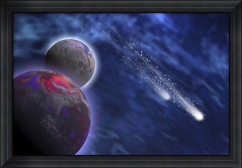 Framed Two comets stream past a planet and its moon Print