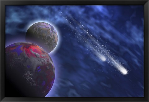 Framed Two comets stream past a planet and its moon Print