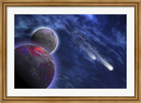 Framed Two comets stream past a planet and its moon Print